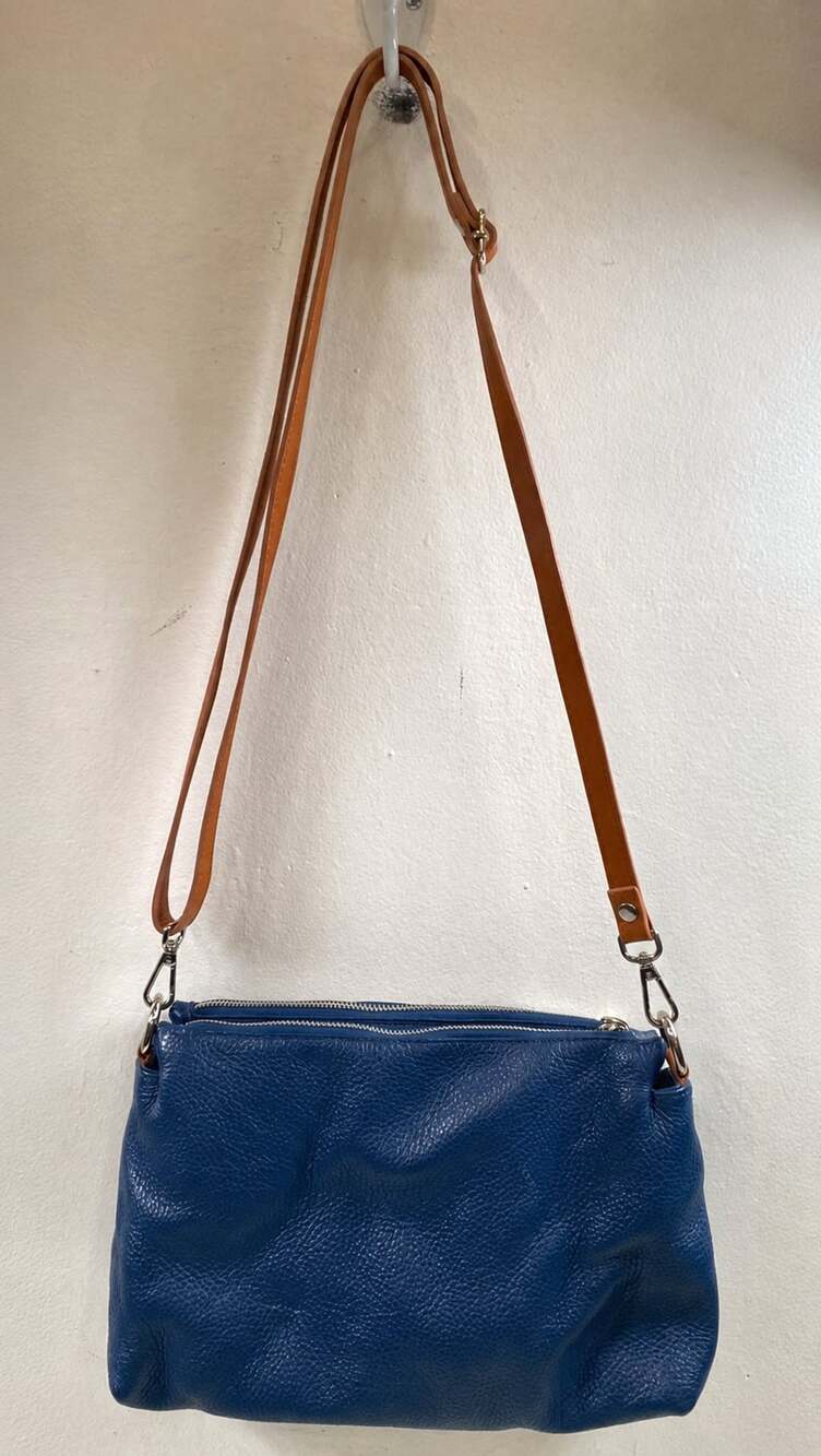 Valentina Triple Entry Pebbled Blue Leather Crossbody Bag with Tan Strap
